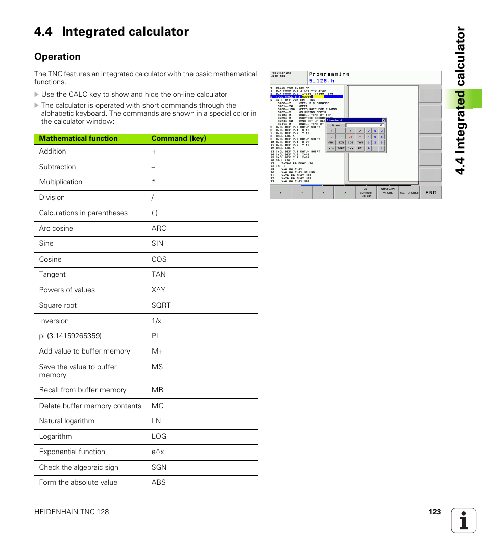 4 integrated calculator, Operation | HEIDENHAIN TNC 128 (77184x-01) User Manual | Page 123 / 505