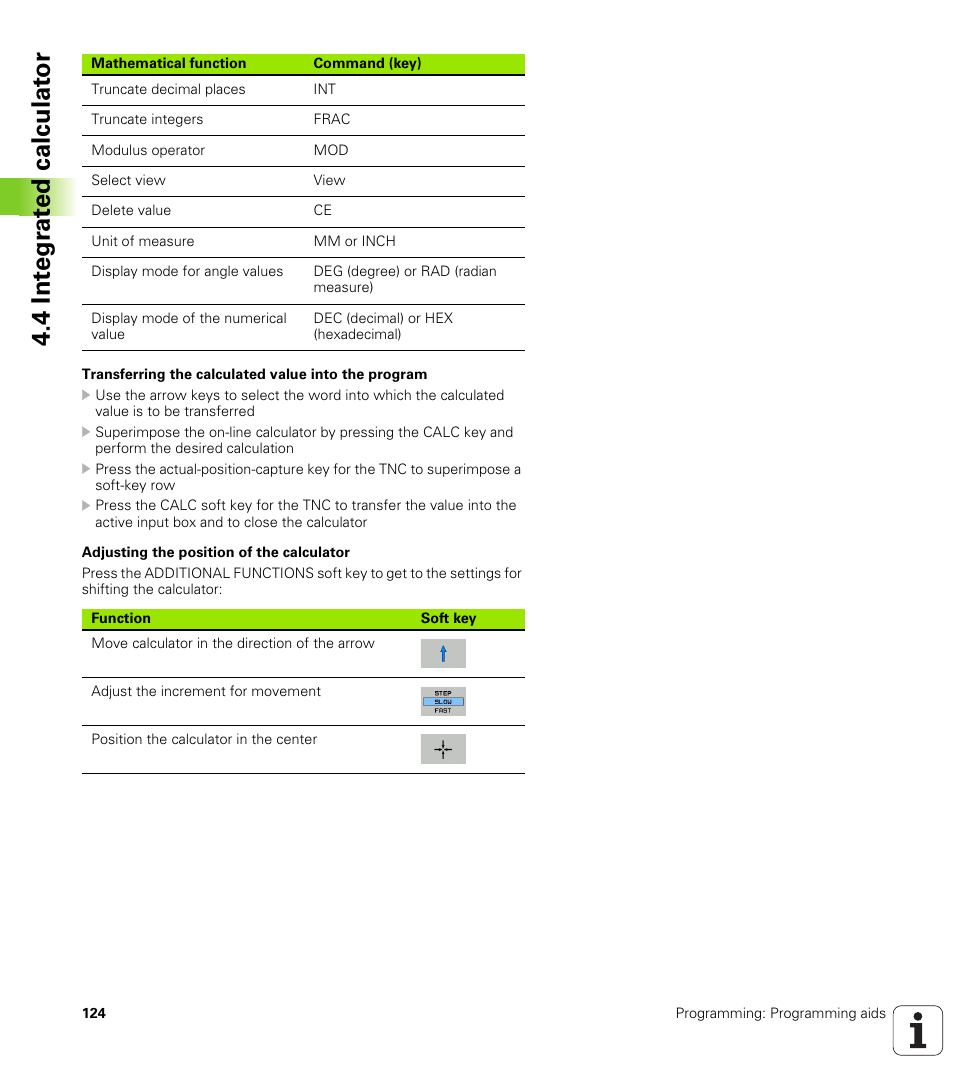 4 int e gr at ed calculat or | HEIDENHAIN TNC 128 (77184x-01) User Manual | Page 124 / 505