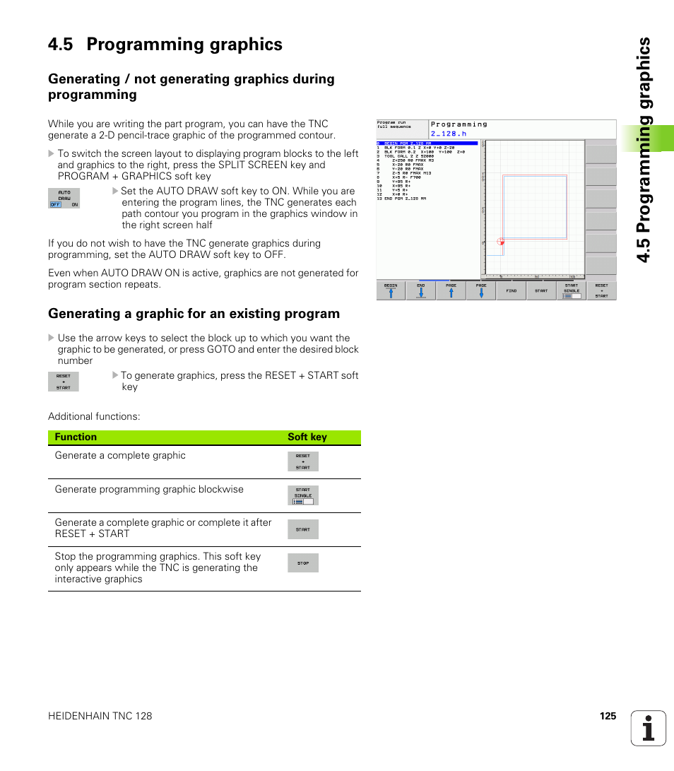 5 programming graphics, Generating a graphic for an existing program, 5 pr ogr amming gr aphics 4.5 programming graphics | HEIDENHAIN TNC 128 (77184x-01) User Manual | Page 125 / 505
