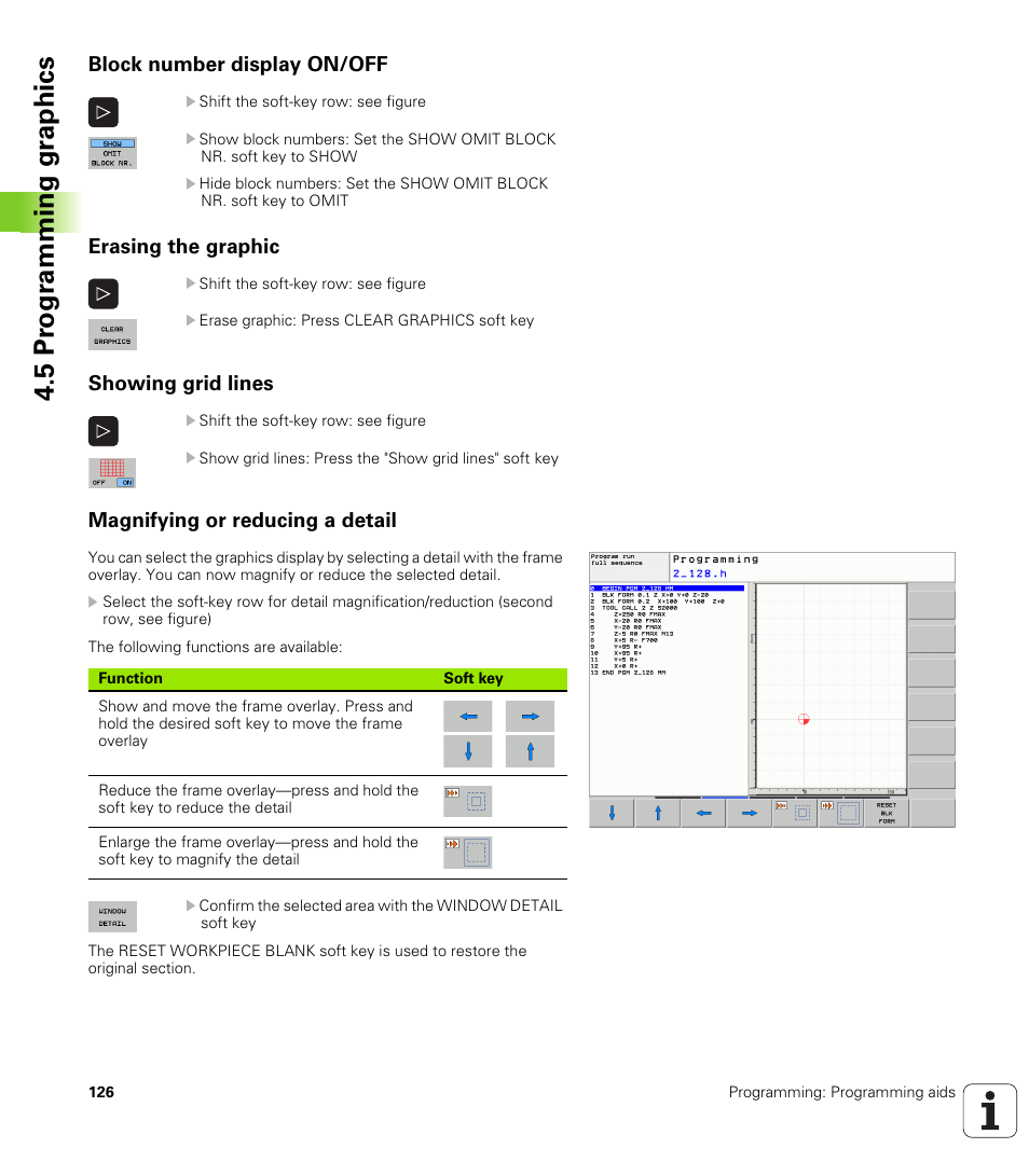 Block number display on/off, Erasing the graphic, Showing grid lines | Magnifying or reducing a detail, 5 pr ogr amming gr aphics | HEIDENHAIN TNC 128 (77184x-01) User Manual | Page 126 / 505