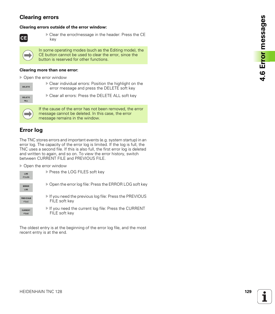 Clearing errors, Error log, 6 er ror messag es | HEIDENHAIN TNC 128 (77184x-01) User Manual | Page 129 / 505