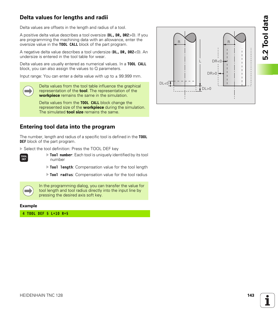 Delta values for lengths and radii, Entering tool data into the program, 2 t ool data | HEIDENHAIN TNC 128 (77184x-01) User Manual | Page 143 / 505
