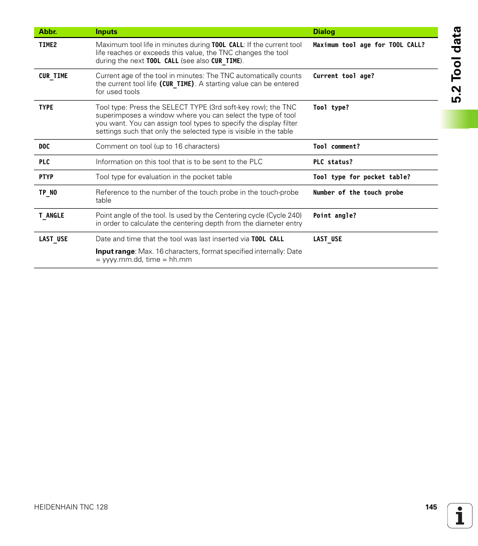 2 t ool data | HEIDENHAIN TNC 128 (77184x-01) User Manual | Page 145 / 505