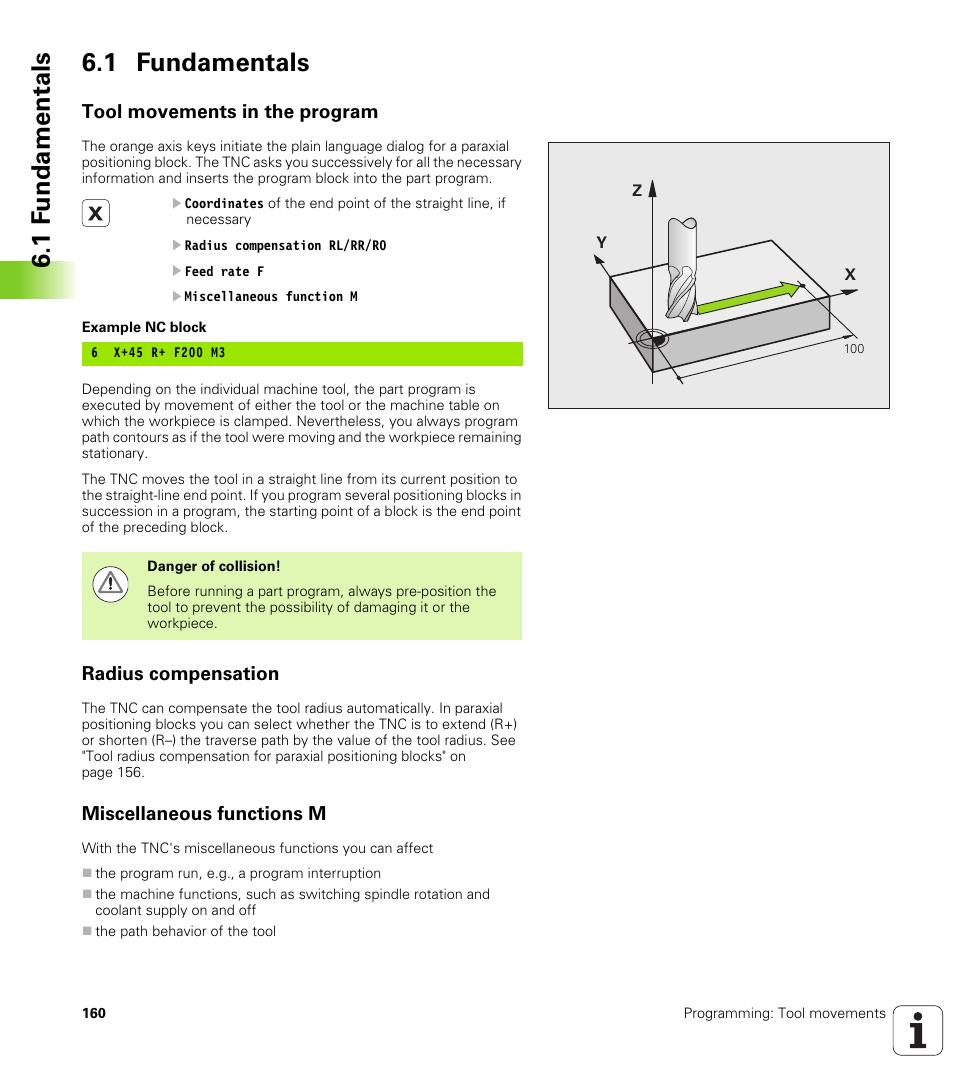 1 fundamentals, Tool movements in the program, Radius compensation | Miscellaneous functions m, 1 f undamentals 6.1 fundamentals | HEIDENHAIN TNC 128 (77184x-01) User Manual | Page 160 / 505