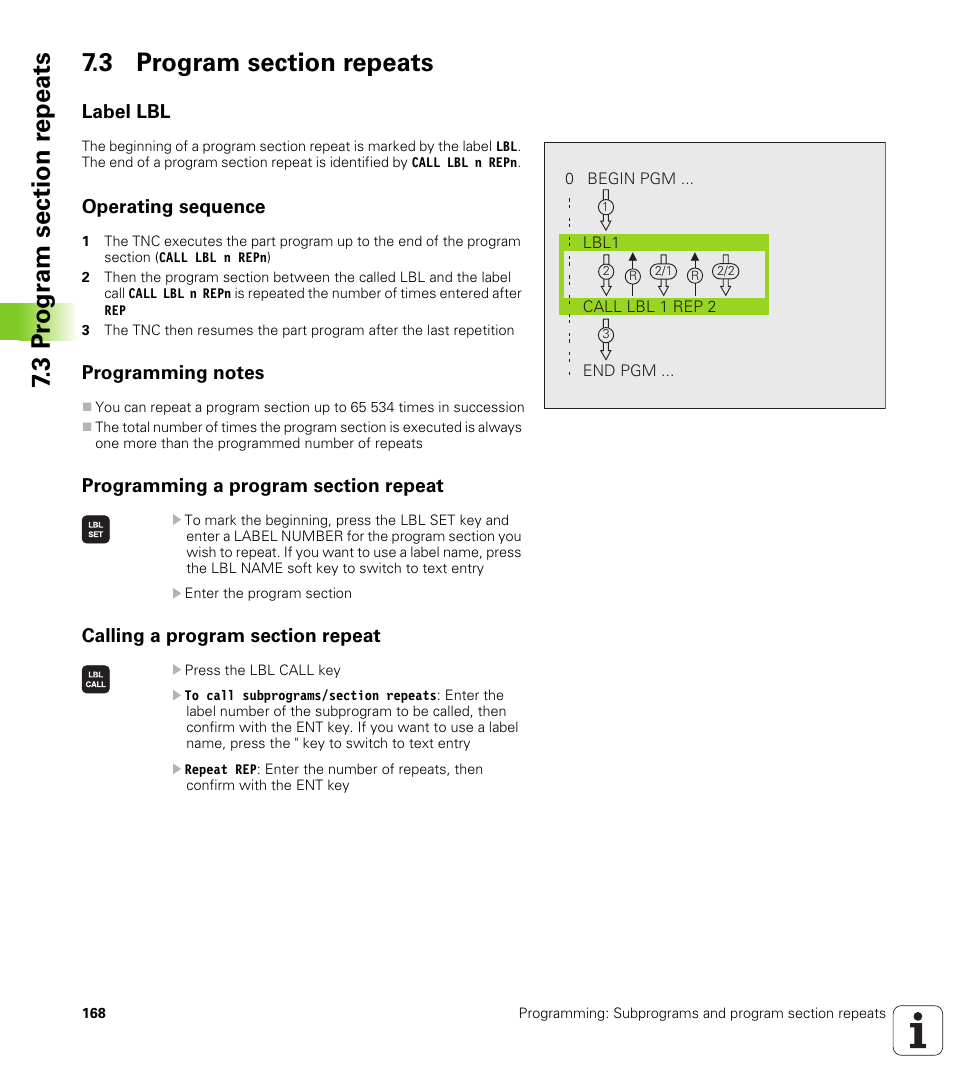3 program section repeats, Label lbl, Operating sequence | Programming notes, Programming a program section repeat, Calling a program section repeat | HEIDENHAIN TNC 128 (77184x-01) User Manual | Page 168 / 505