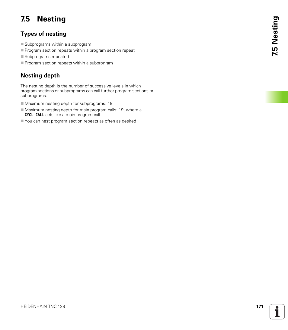 5 nesting, Types of nesting, Nesting depth | 5 nesting 7.5 nesting | HEIDENHAIN TNC 128 (77184x-01) User Manual | Page 171 / 505