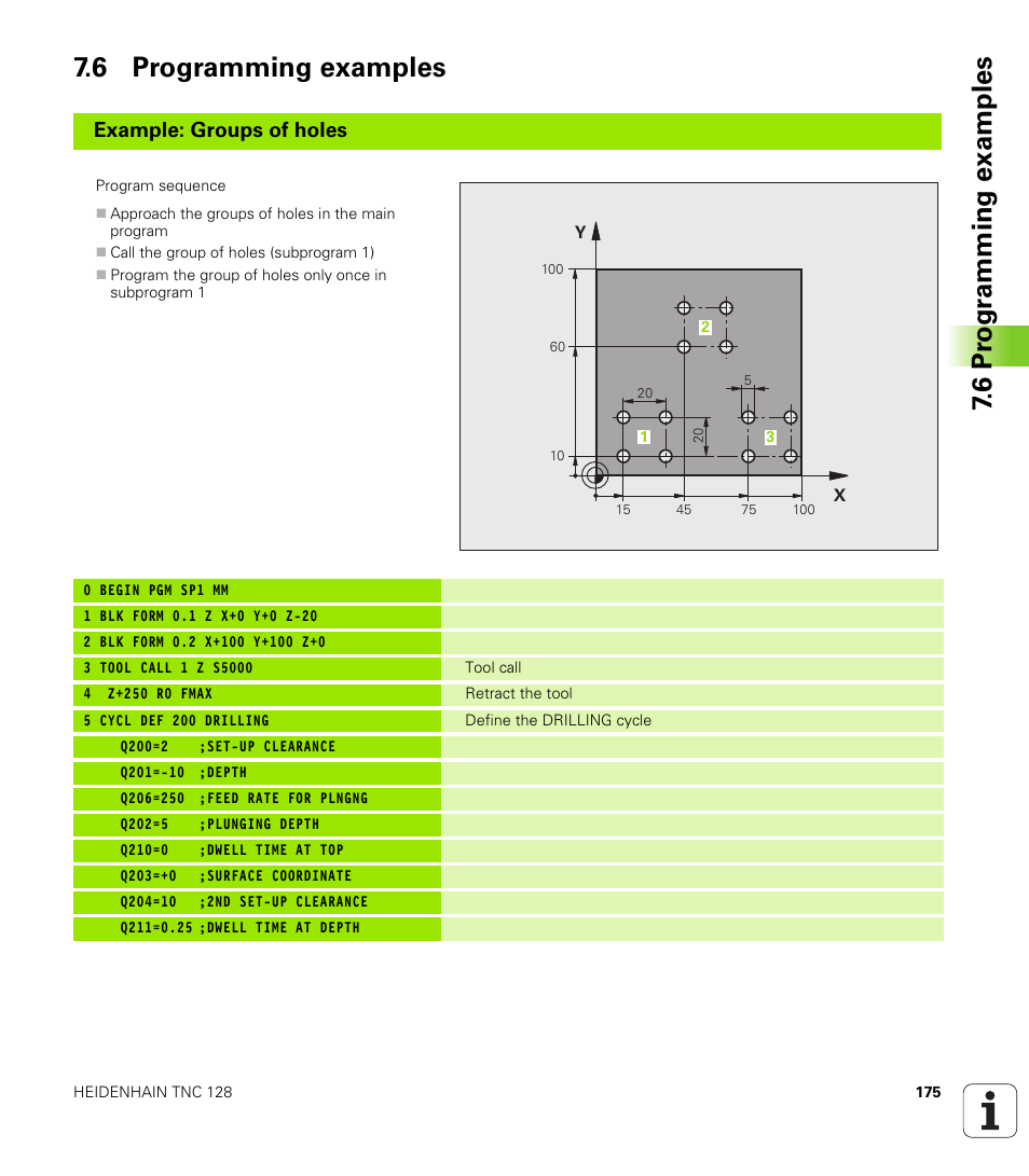 6 programming examples, 6 pr ogr amming examples 7.6 programming examples, Example: groups of holes | HEIDENHAIN TNC 128 (77184x-01) User Manual | Page 175 / 505