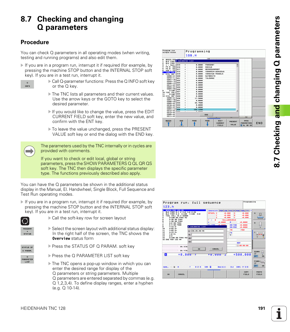 7 checking and changing q parameters, Procedure | HEIDENHAIN TNC 128 (77184x-01) User Manual | Page 191 / 505