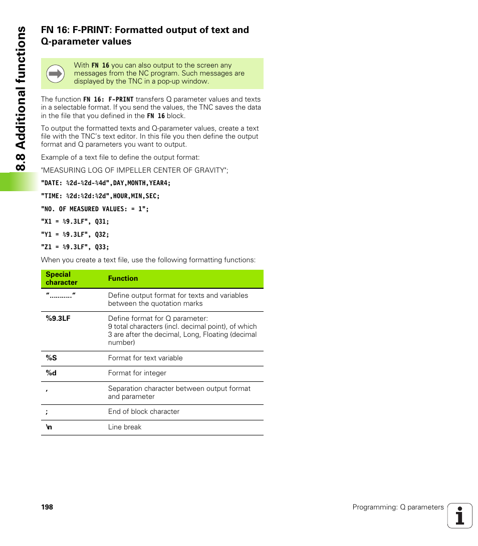 8 a d ditional functions | HEIDENHAIN TNC 128 (77184x-01) User Manual | Page 198 / 505