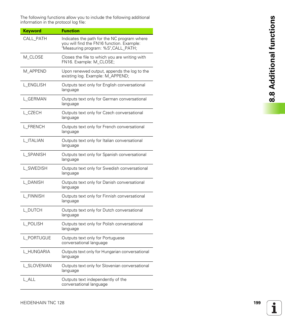 8 a d ditional functions | HEIDENHAIN TNC 128 (77184x-01) User Manual | Page 199 / 505