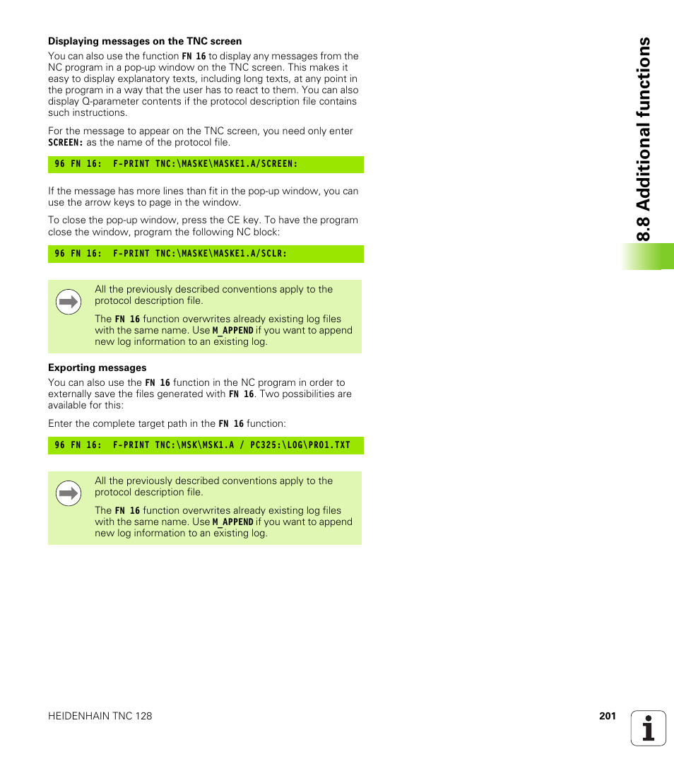 8 a d ditional functions | HEIDENHAIN TNC 128 (77184x-01) User Manual | Page 201 / 505