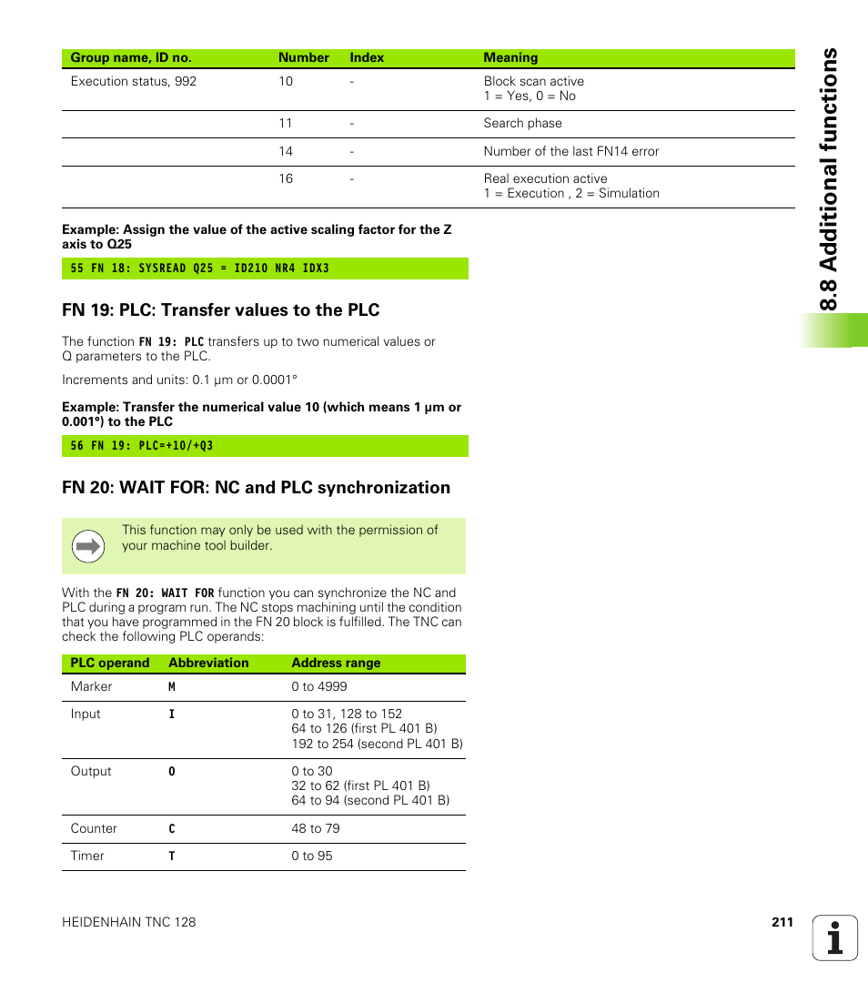 Fn 19: plc: transfer values to the plc, Fn 20: wait for: nc and plc synchronization, 8 a d ditional functions | HEIDENHAIN TNC 128 (77184x-01) User Manual | Page 211 / 505