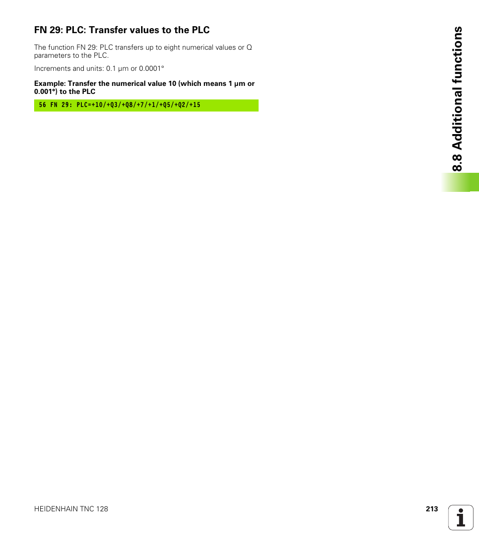 Fn 29: plc: transfer values to the plc, 8 a d ditional functions | HEIDENHAIN TNC 128 (77184x-01) User Manual | Page 213 / 505