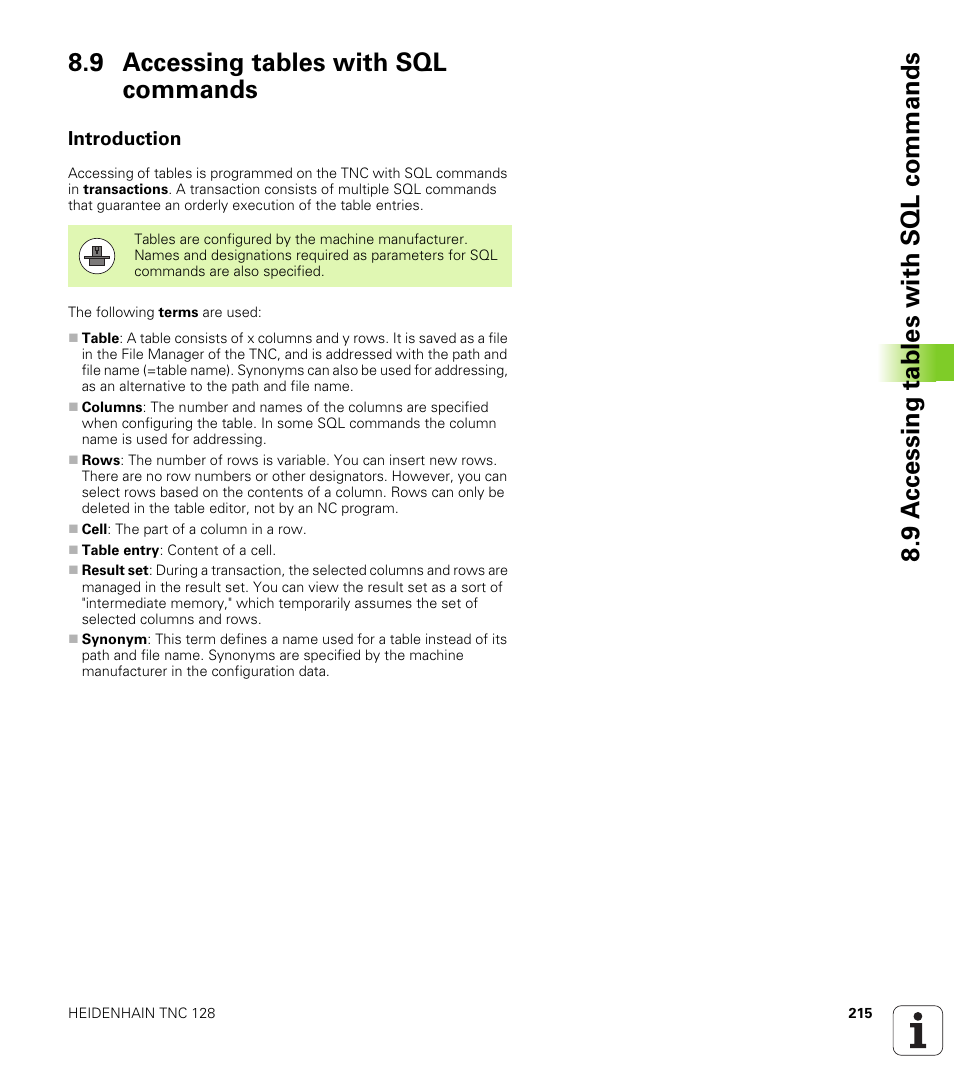 9 accessing tables with sql commands, Introduction | HEIDENHAIN TNC 128 (77184x-01) User Manual | Page 215 / 505