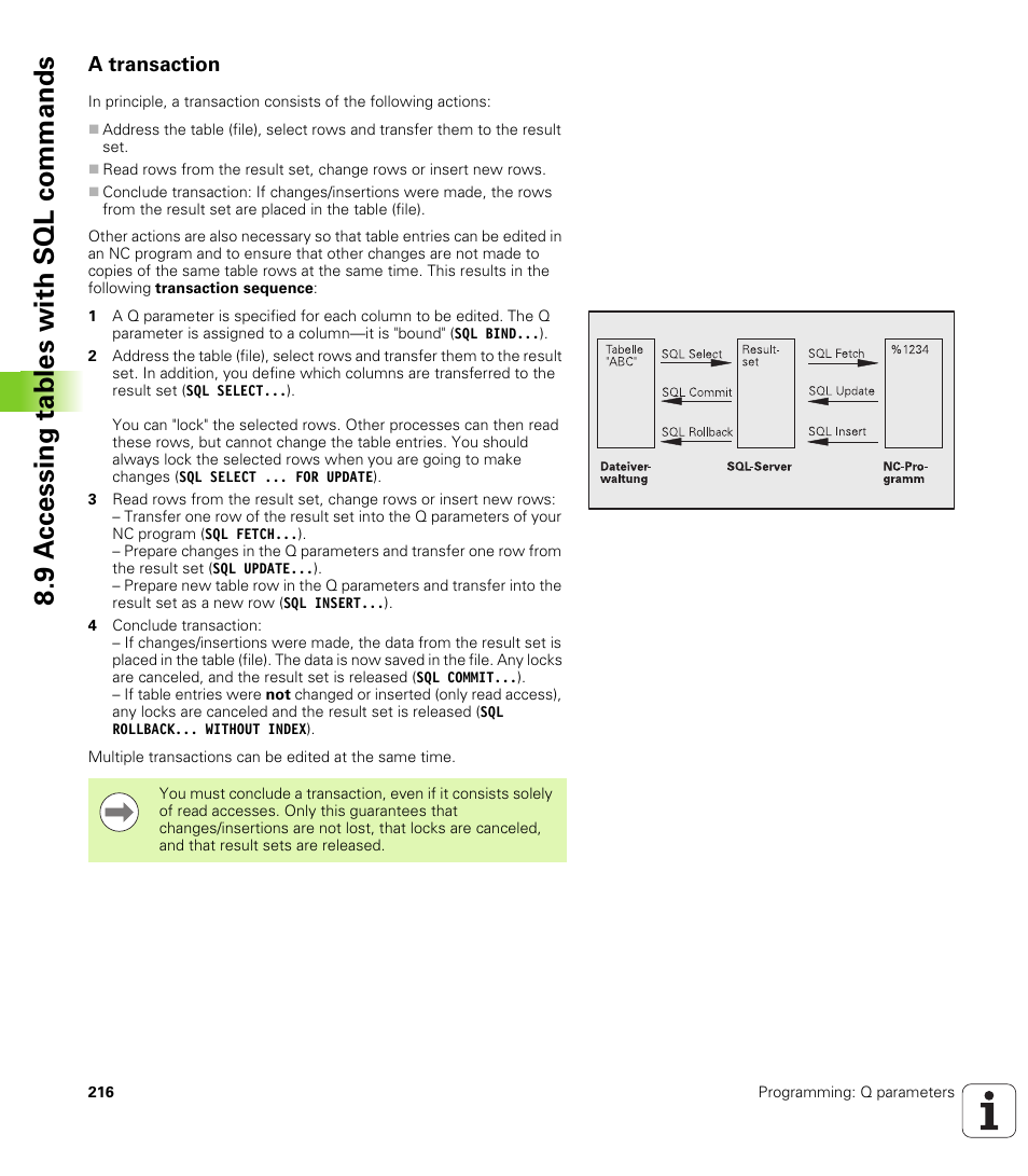 A transaction, 9 a ccessing tables with sql commands | HEIDENHAIN TNC 128 (77184x-01) User Manual | Page 216 / 505