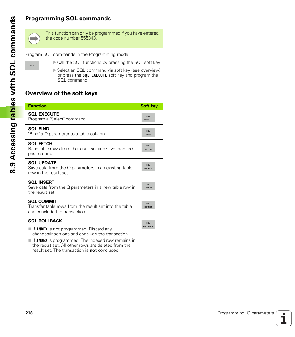 Programming sql commands, Overview of the soft keys, 9 a ccessing tables with sql commands | HEIDENHAIN TNC 128 (77184x-01) User Manual | Page 218 / 505