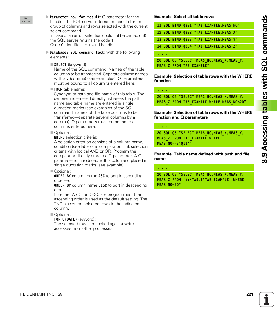 9 a ccessing tables with sql commands | HEIDENHAIN TNC 128 (77184x-01) User Manual | Page 221 / 505
