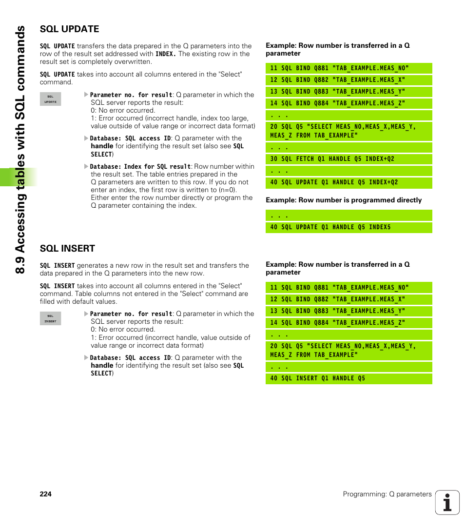 Sql update, Sql insert, 9 a ccessing tables with sql commands | HEIDENHAIN TNC 128 (77184x-01) User Manual | Page 224 / 505