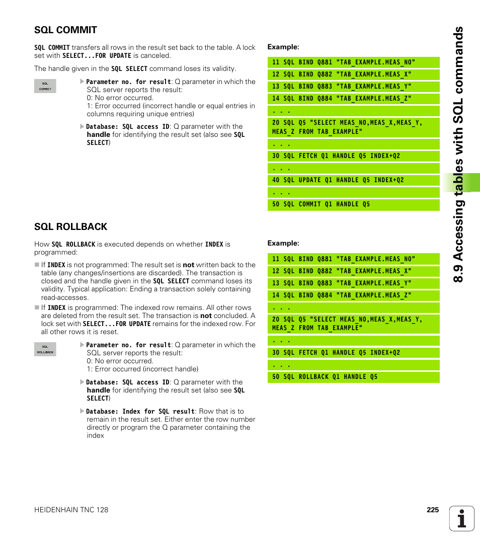 Sql commit, Sql rollback, 9 a ccessing tables with sql commands | HEIDENHAIN TNC 128 (77184x-01) User Manual | Page 225 / 505