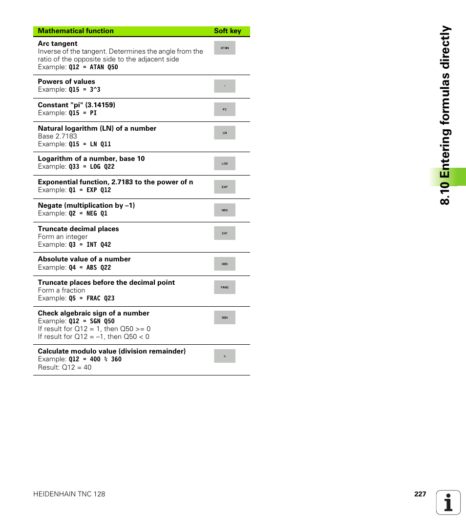 1 0 ent er ing f o rm ulas dir e ctly | HEIDENHAIN TNC 128 (77184x-01) User Manual | Page 227 / 505