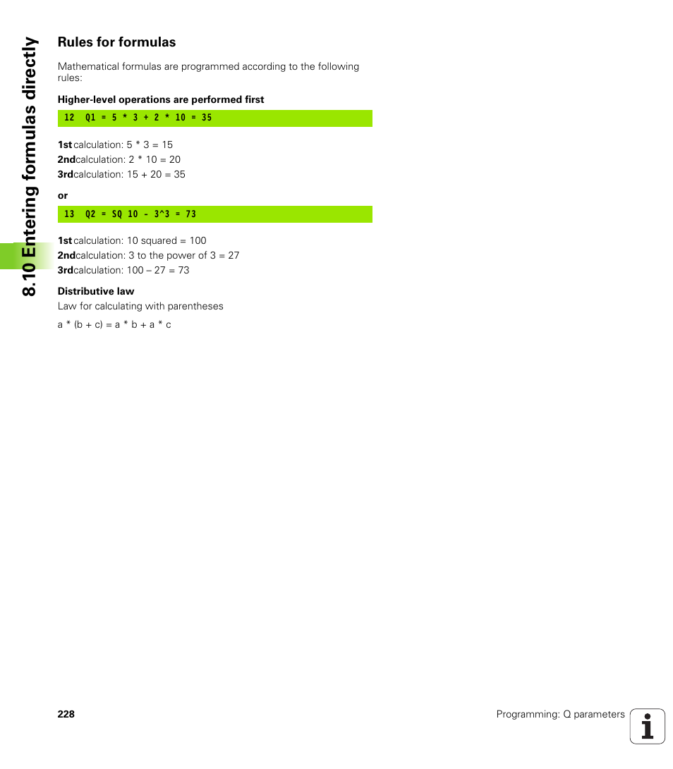 Rules for formulas, 1 0 ent er ing f o rm ulas dir e ctly | HEIDENHAIN TNC 128 (77184x-01) User Manual | Page 228 / 505