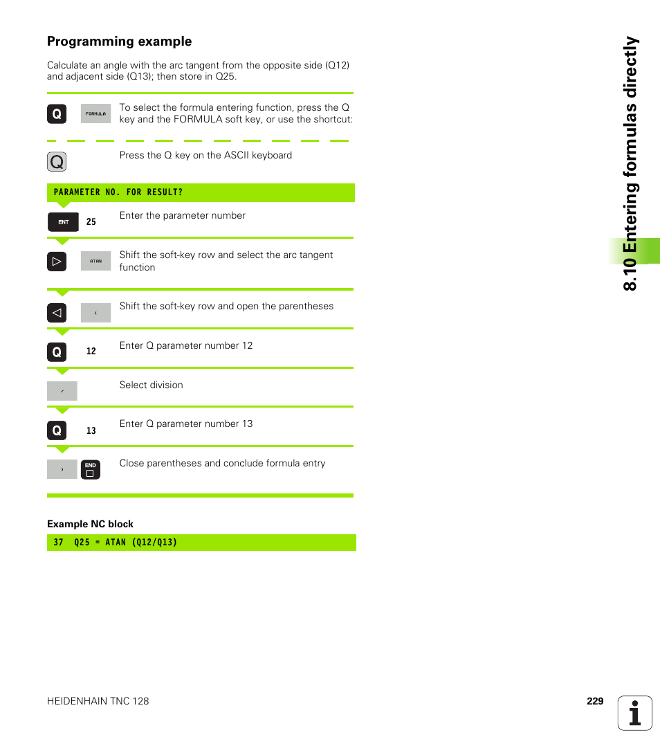 Programming example, 1 0 ent er ing f o rm ulas dir e ctly | HEIDENHAIN TNC 128 (77184x-01) User Manual | Page 229 / 505
