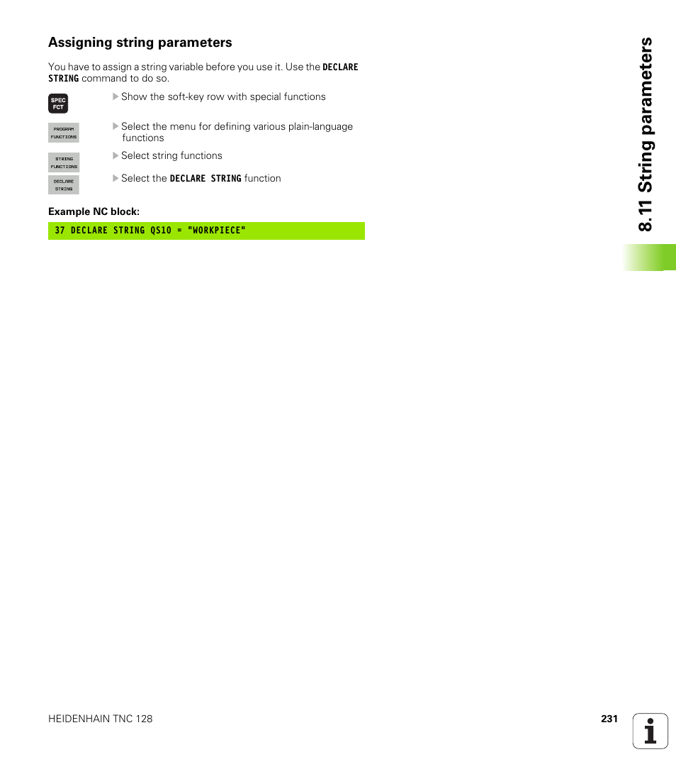 Assigning string parameters, 1 1 str ing par a met e rs | HEIDENHAIN TNC 128 (77184x-01) User Manual | Page 231 / 505