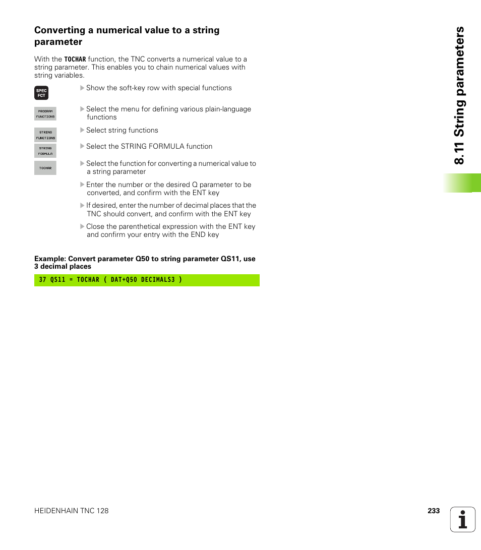 Converting a numerical value to a string parameter, 1 1 str ing par a met e rs | HEIDENHAIN TNC 128 (77184x-01) User Manual | Page 233 / 505