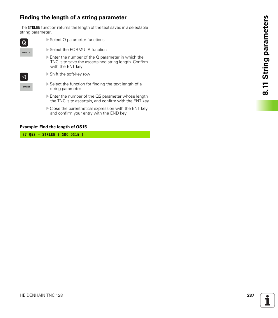Finding the length of a string parameter, 1 1 str ing par a met e rs | HEIDENHAIN TNC 128 (77184x-01) User Manual | Page 237 / 505