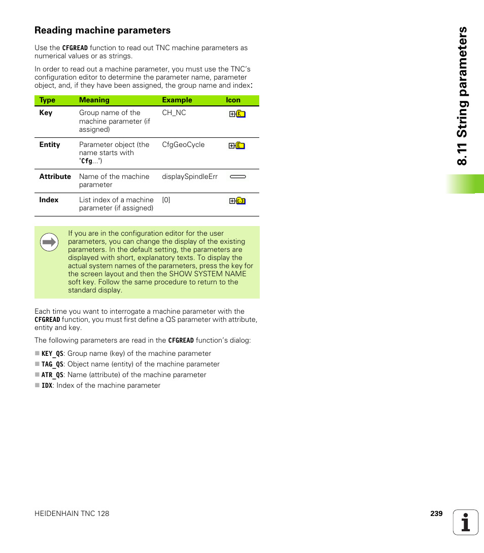 Reading machine parameters, 1 1 str ing par a met e rs | HEIDENHAIN TNC 128 (77184x-01) User Manual | Page 239 / 505