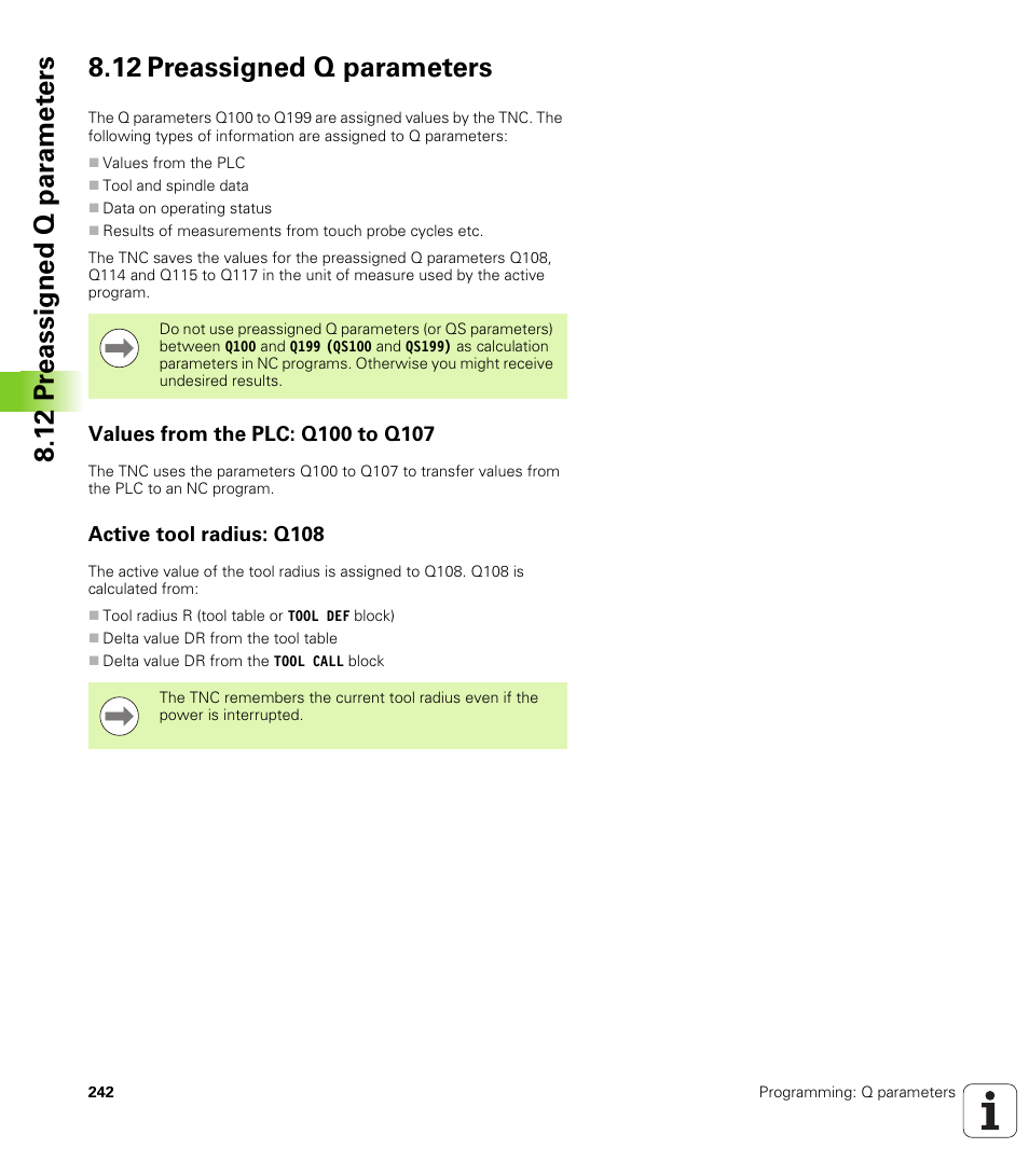 12 preassigned q parameters, Values from the plc: q100 to q107, Active tool radius: q108 | HEIDENHAIN TNC 128 (77184x-01) User Manual | Page 242 / 505
