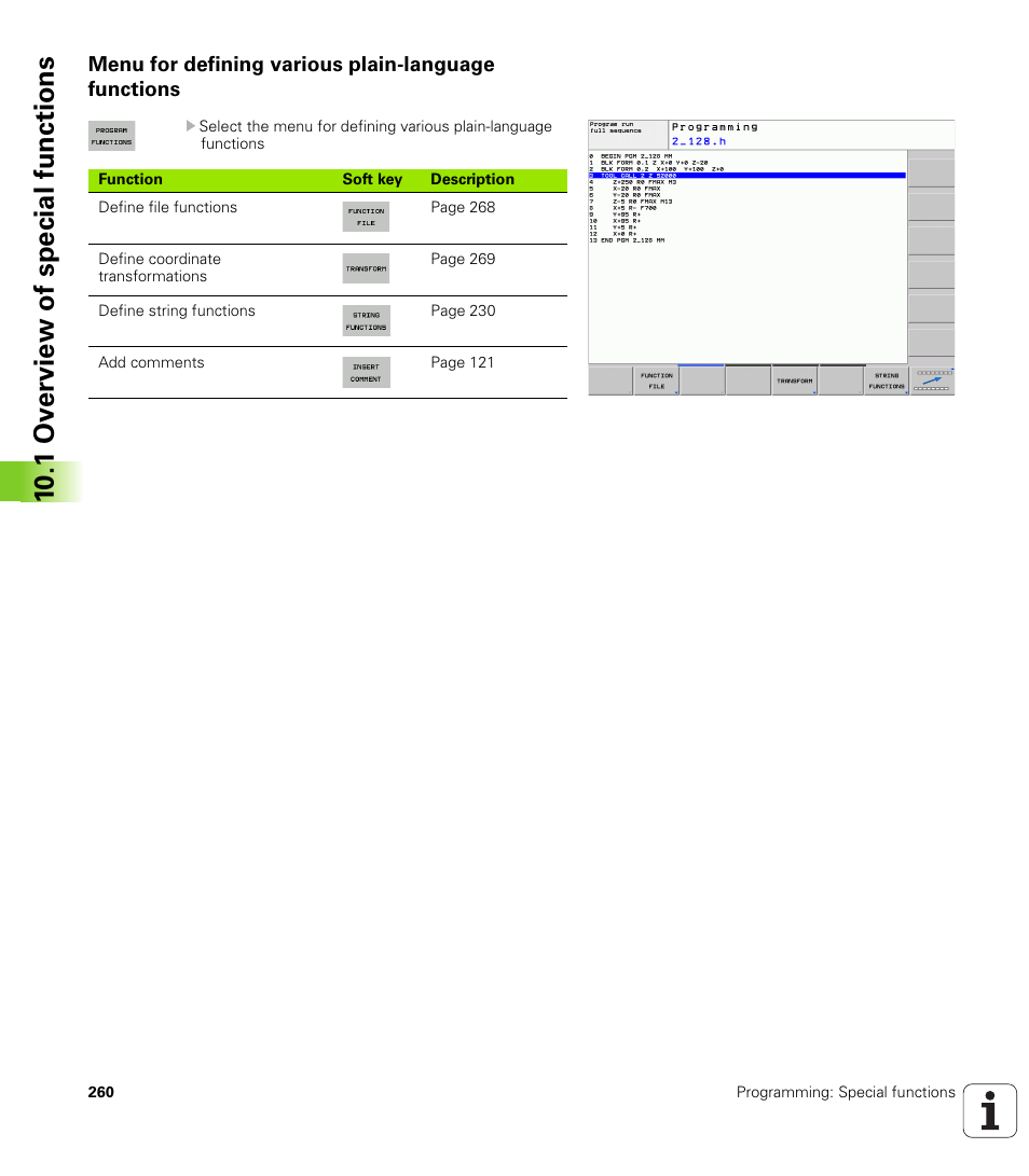 Menu for defining various plain-language functions, 10 .1 ov erview of special functions | HEIDENHAIN TNC 128 (77184x-01) User Manual | Page 260 / 505