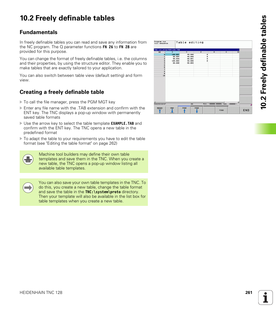 2 freely definable tables, Fundamentals, Creating a freely definable table | HEIDENHAIN TNC 128 (77184x-01) User Manual | Page 261 / 505