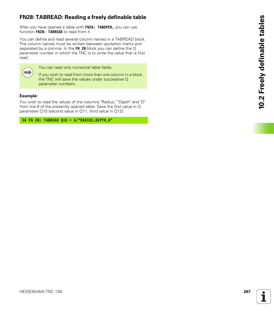 Fn28: tabread: reading a freely definable table, 10 .2 f reely definable tables | HEIDENHAIN TNC 128 (77184x-01) User Manual | Page 267 / 505