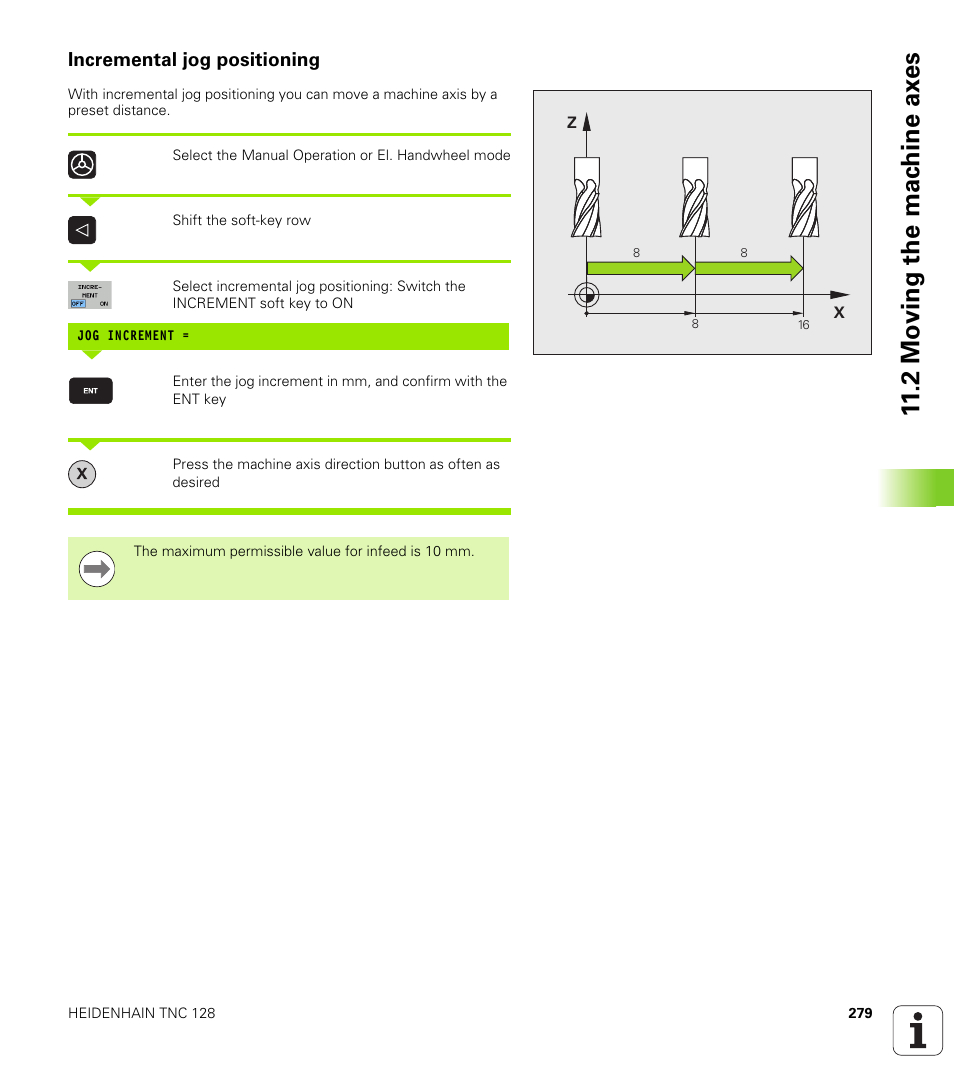 Incremental jog positioning, 2 mo ving the mac h ine ax es | HEIDENHAIN TNC 128 (77184x-01) User Manual | Page 279 / 505