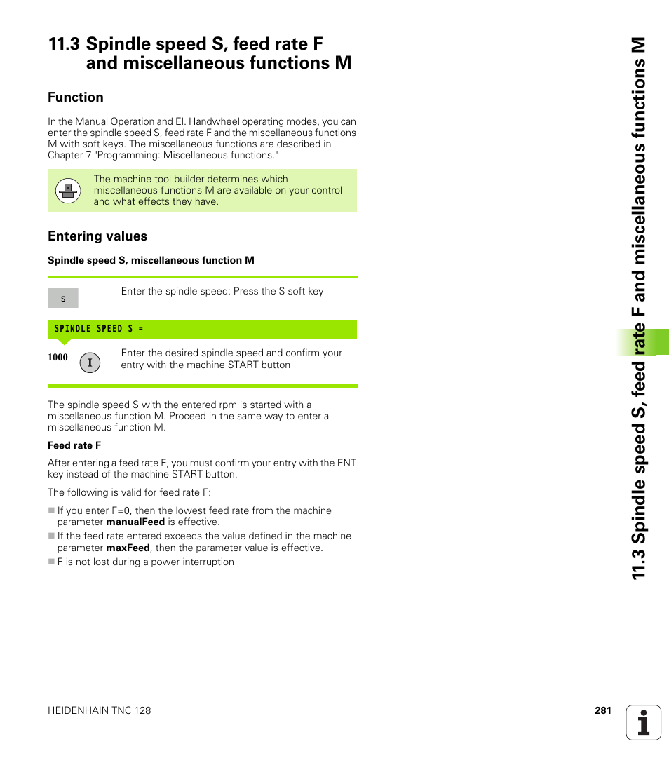 Function, Entering values | HEIDENHAIN TNC 128 (77184x-01) User Manual | Page 281 / 505