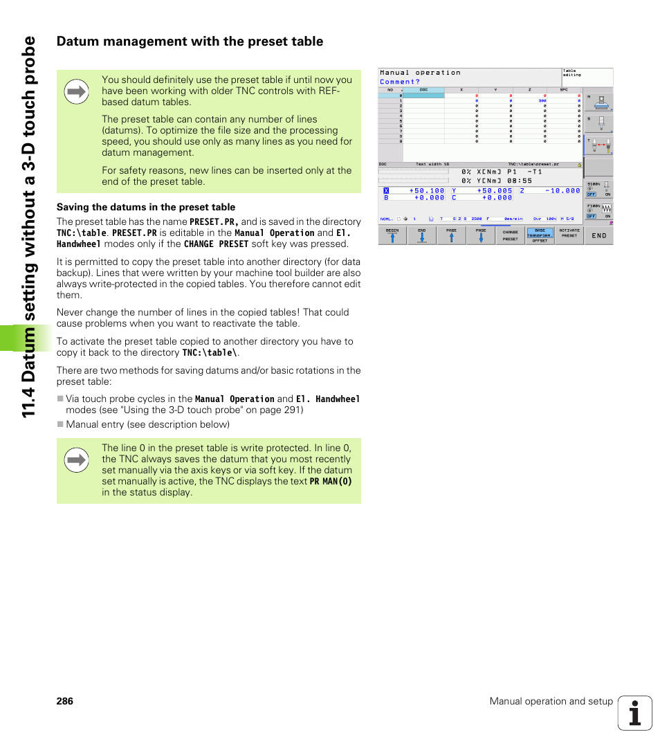 Datum management with the preset table, 4 d a tu m set ting without a 3-d t o uc h pr obe | HEIDENHAIN TNC 128 (77184x-01) User Manual | Page 286 / 505