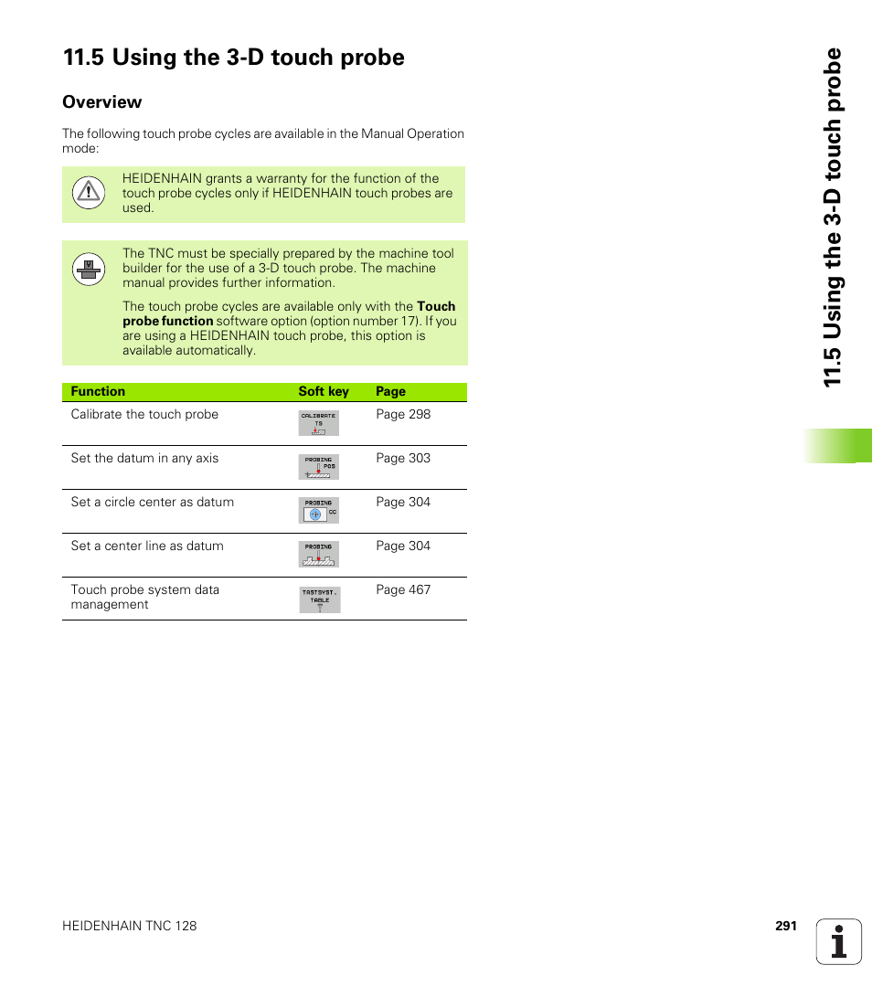 5 using the 3-d touch probe, Overview | HEIDENHAIN TNC 128 (77184x-01) User Manual | Page 291 / 505