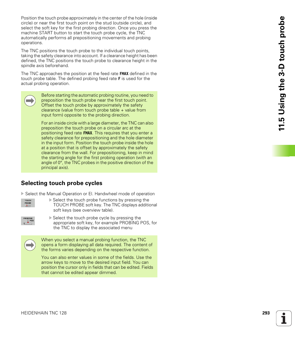 Selecting touch probe cycles, 5 using the 3-d t o uc h pr obe | HEIDENHAIN TNC 128 (77184x-01) User Manual | Page 293 / 505