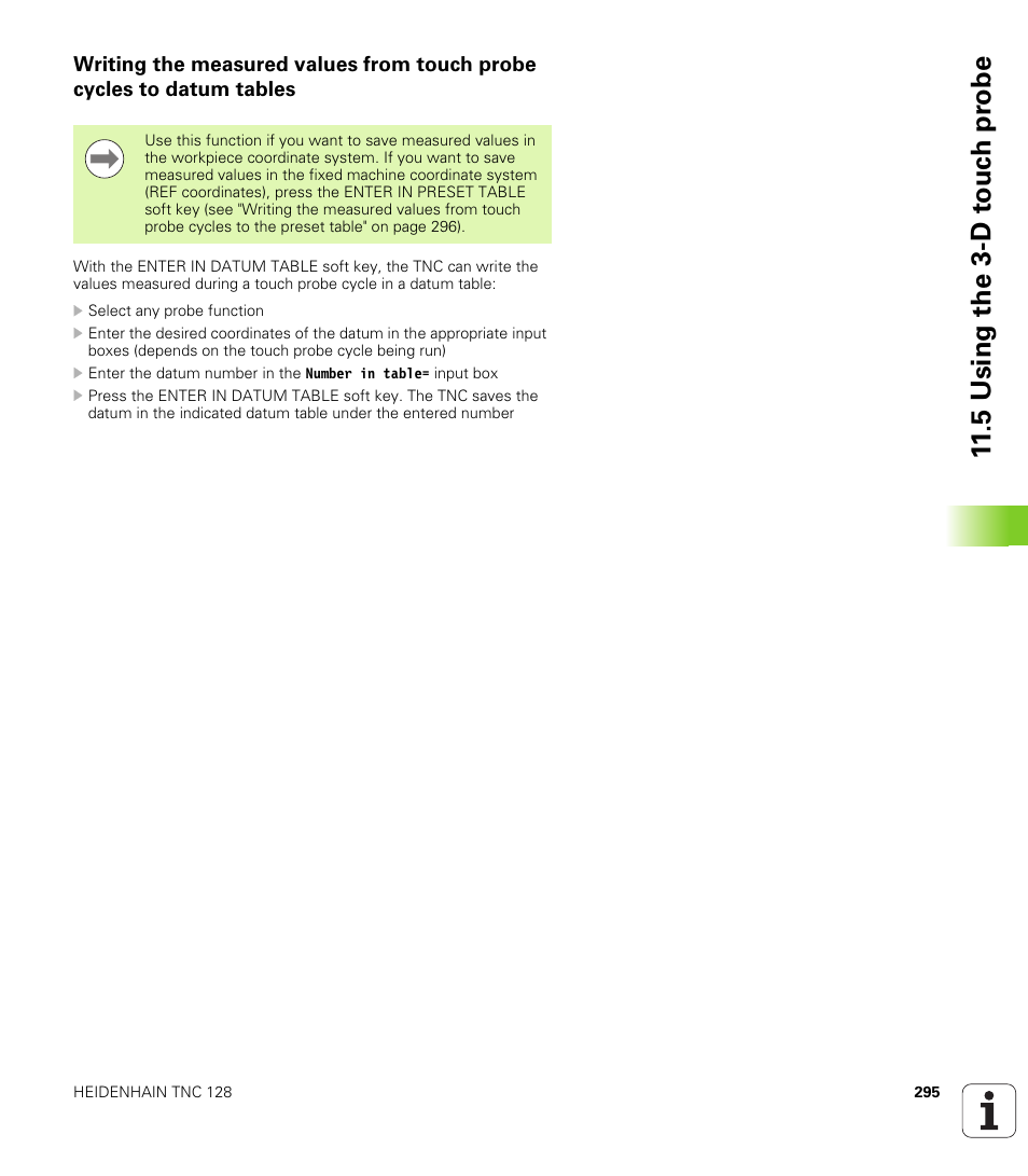 5 using the 3-d t o uc h pr obe | HEIDENHAIN TNC 128 (77184x-01) User Manual | Page 295 / 505