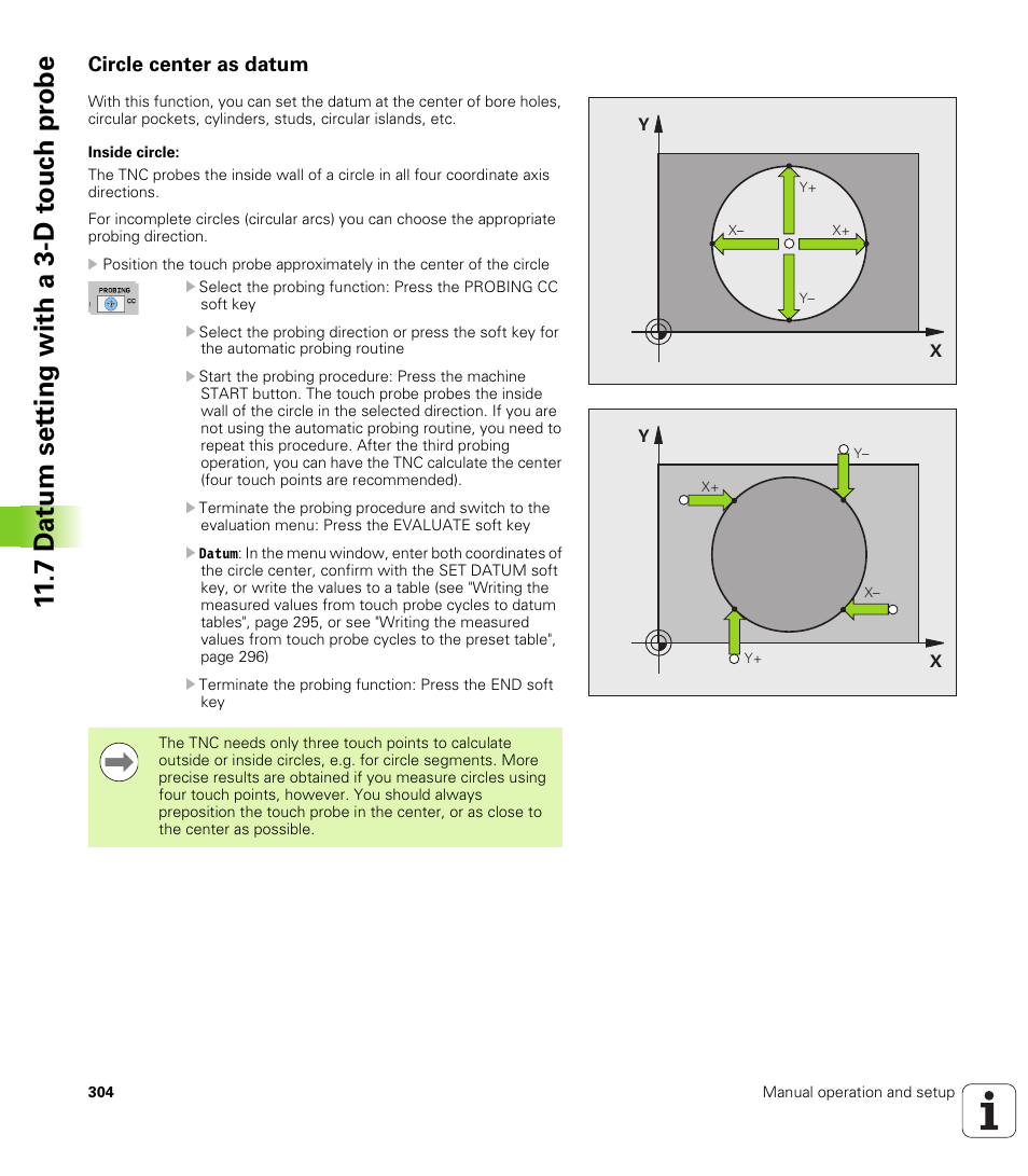 Circle center as datum, 7 d a tu m set ting with a 3-d t o uc h pr obe | HEIDENHAIN TNC 128 (77184x-01) User Manual | Page 304 / 505