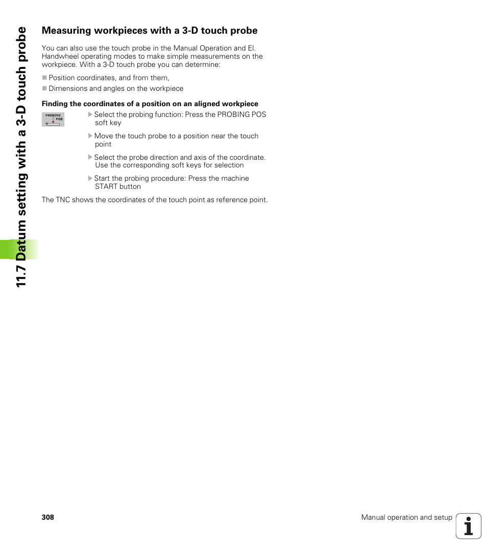 Measuring workpieces with a 3-d touch probe, 7 d a tu m set ting with a 3-d t o uc h pr obe | HEIDENHAIN TNC 128 (77184x-01) User Manual | Page 308 / 505
