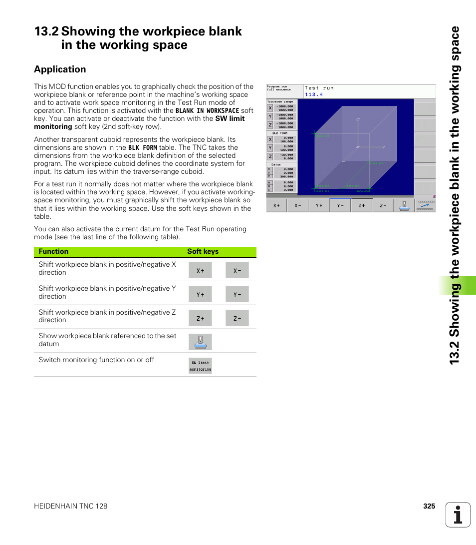 2 showing the workpiece blank in the working space, Application | HEIDENHAIN TNC 128 (77184x-01) User Manual | Page 325 / 505