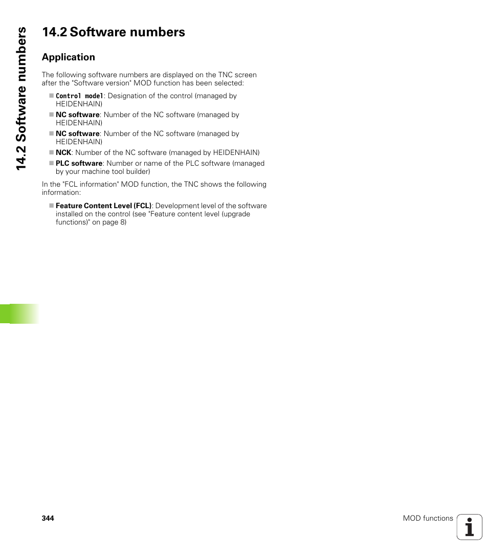 2 software numbers, Application, 2 sof tw a re numbers 14.2 software numbers | HEIDENHAIN TNC 128 (77184x-01) User Manual | Page 344 / 505