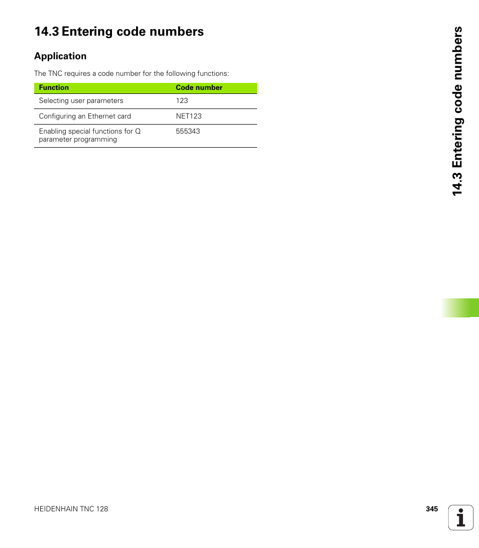 3 entering code numbers, Application | HEIDENHAIN TNC 128 (77184x-01) User Manual | Page 345 / 505