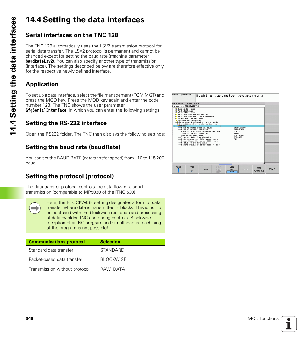 4 setting the data interfaces, Serial interfaces on the tnc 128, Application | Setting the rs-232 interface, Setting the baud rate (baudrate), Setting the protocol (protocol) | HEIDENHAIN TNC 128 (77184x-01) User Manual | Page 346 / 505