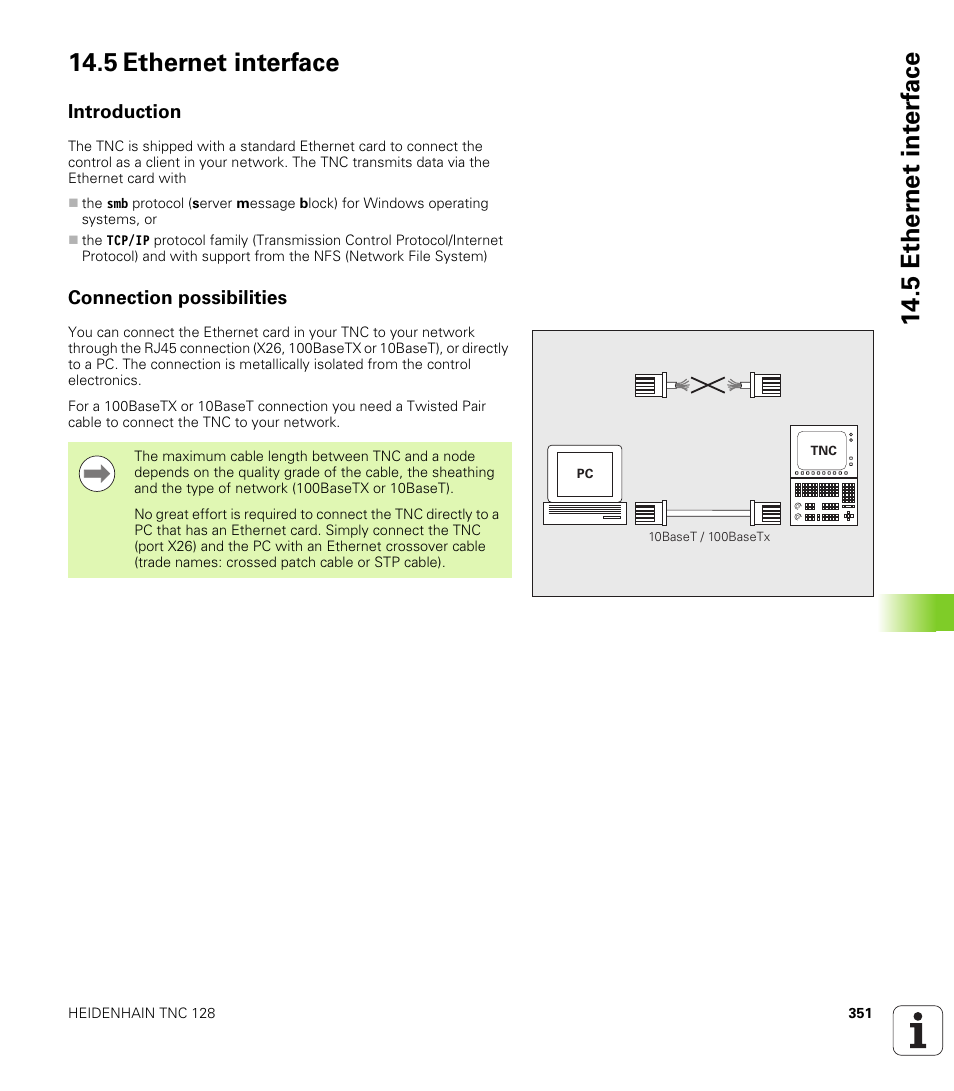 5 ethernet interface, Introduction, Connection possibilities | 5 ether n et int e rf ace 14.5 ethernet interface | HEIDENHAIN TNC 128 (77184x-01) User Manual | Page 351 / 505