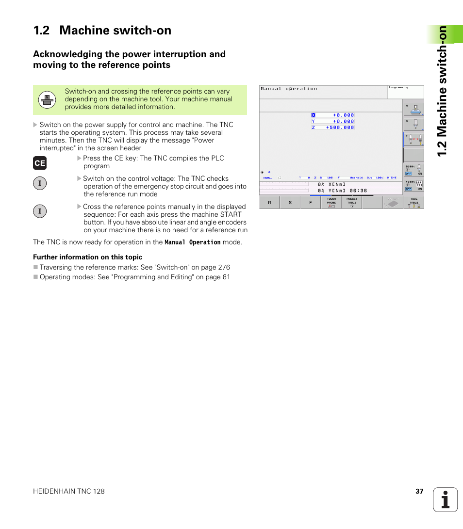 2 machine switch-on | HEIDENHAIN TNC 128 (77184x-01) User Manual | Page 37 / 505