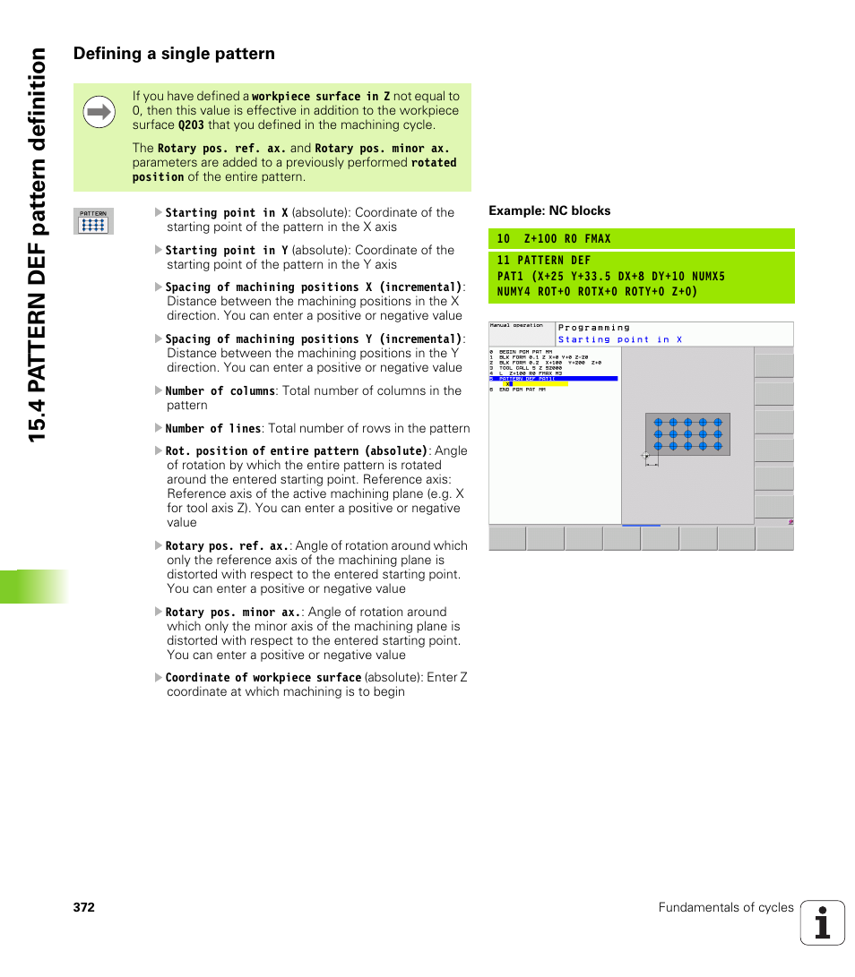 Defining a single pattern | HEIDENHAIN TNC 128 (77184x-01) User Manual | Page 372 / 505