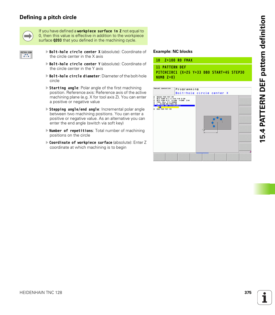 Defining a pitch circle | HEIDENHAIN TNC 128 (77184x-01) User Manual | Page 375 / 505
